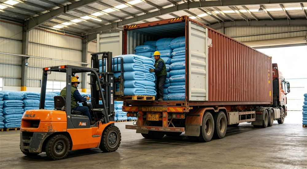 Eye-level view of forklift loading cartons of sky blue emergency relief bedding onto a truck and container, bulk logistics and shipping for humanitarian disaster relief deliveries, and sea freight logistics for bulk humanitarian disaster relief shipments.