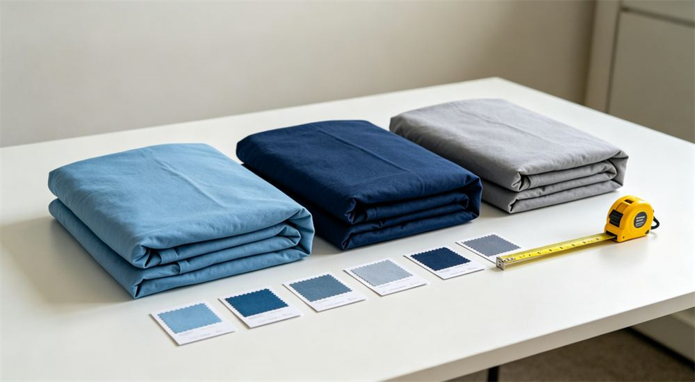 Eye-level view of sample kit of sky blue navy and gray emergency relief bedding fabric swatches with measuring tape, evaluation samples for humanitarian relief bedding before bulk stockpile order, and hands on evaluation before a humanitarian relief bedding stockpile order.