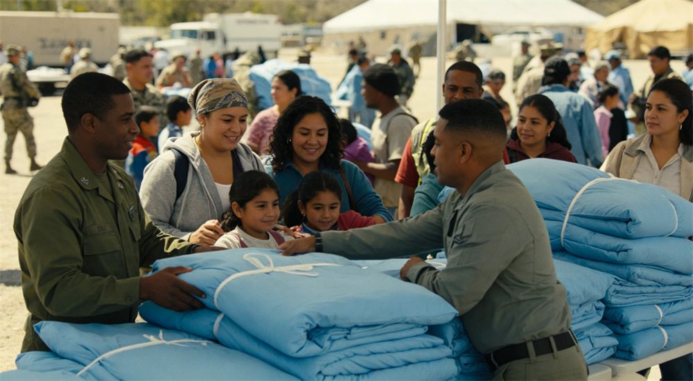 Eye-level view of relief volunteer handing a sky blue emergency relief bedding pack to a family outdoors, humanitarian aid distribution of disaster shelter linen to displaced households, during an organized outdoor aid distribution to displaced beneficiary families.