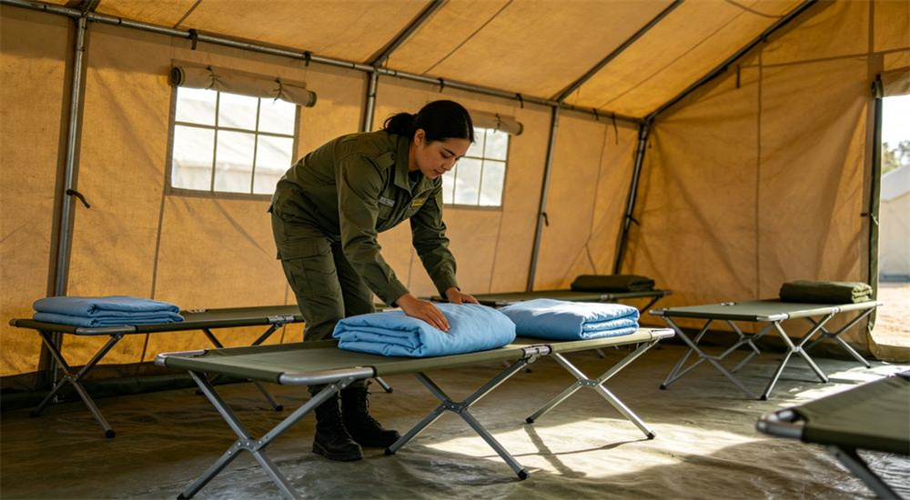 45-degree angle of relief worker folding sky blue emergency relief bedding inside a tent in daily camp life, durable practical humanitarian shelter linen for everyday use in displaced camps, and everyday camp routines in long term humanitarian shelter accommodation.