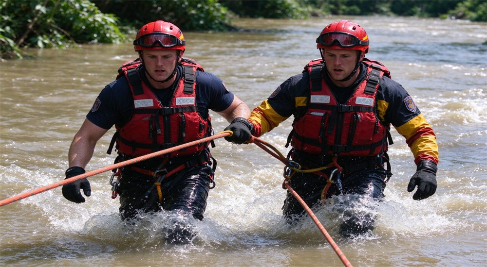 Professional water rescue life jacket worn by Caucasian rescue team members wading through fast flood water with rope line during emergency operation