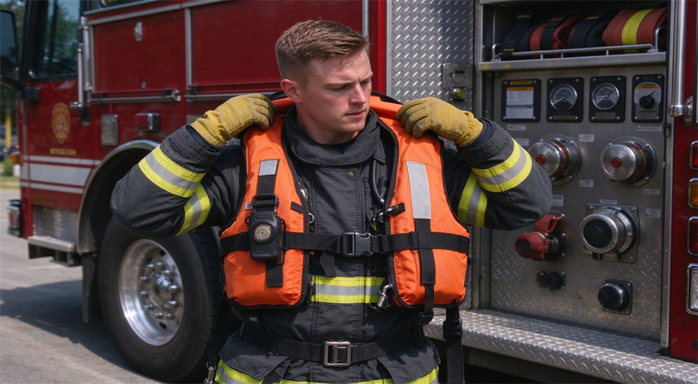 Firefighter putting on professional orange water rescue life vest beside fire truck