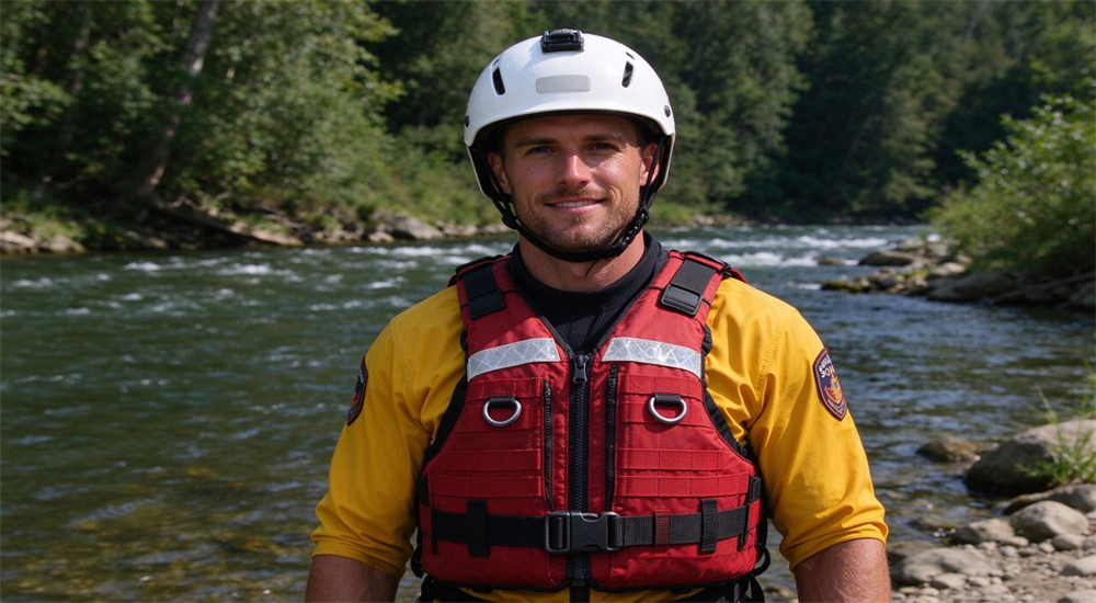 Professional water rescue rescuer equipped with red heavy-duty life vest and white safety helmet, the vest features reflective strips and metal D-rings for rescue attachment points