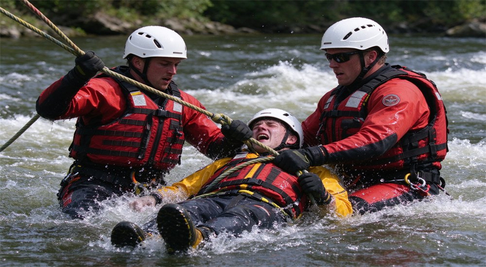 Swiftwater rescue operation with Caucasian rescuers in red water rescue life jackets using rope line across turbulent white water rapids Swiftwater rescue operation with Caucasian rescuers in red water rescue life jackets using rope line across turbulent white water rapids