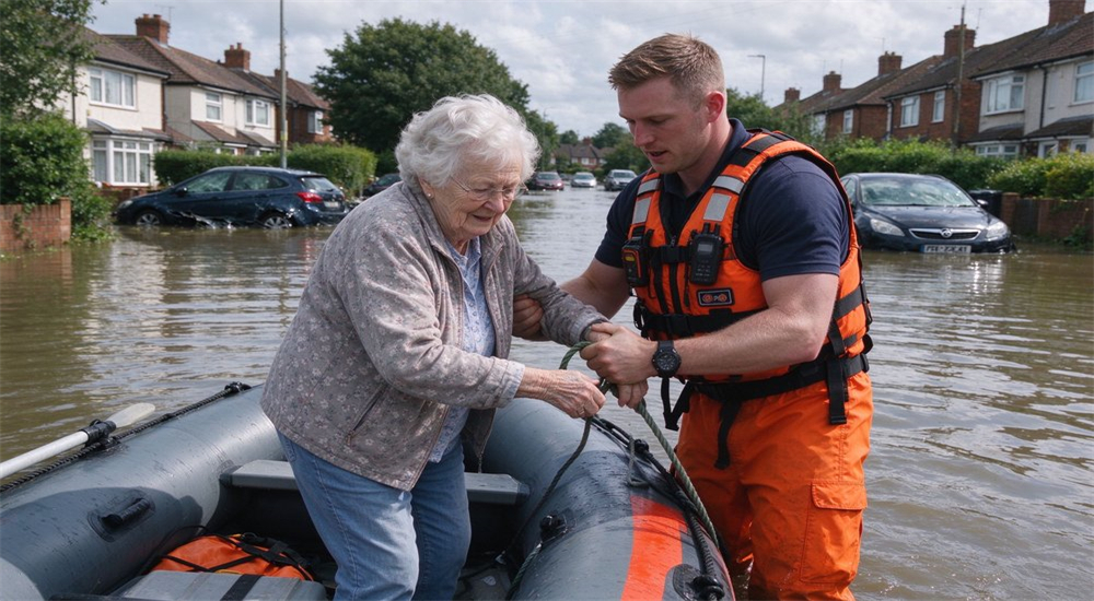 Flood rescue scene with Caucasian rescuer in orange water rescue life jacket helping elderly person into inflatable boat in flooded residential street