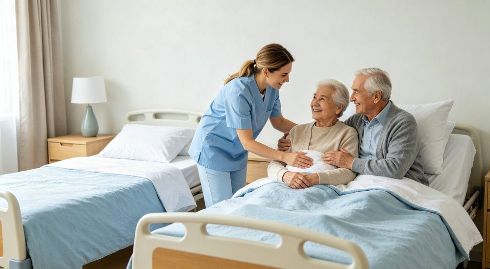 Front view of bright clean aged care resident room with a single bed dressed in soft light blue washable nursing home bedding, comfortable elderly care linen for wholesale long term care facilities from China