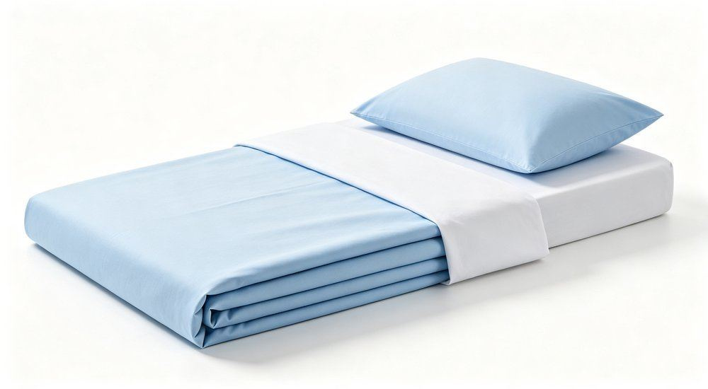 Front view of complete nursing home bedding set family laid flat on a white background showing sheet duvet cover and pillowcase in soft light blue, wholesale aged care linen product overview for long term care homes.