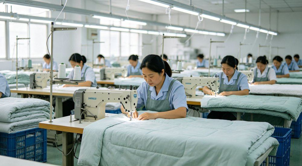 Front view inside a textile factory in China where workers sew bolts of soft light blue nursing home bedding fabric, factory direct wholesale aged care linen for care facility orders, factory direct soft comfortable linen for care facilities.