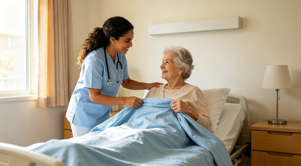 Side angle of caregiver preparing a tidy aged care resident bed dressed in light blue nursing home bedding, supportive comfortable linen for daily elderly care routines, supportive daily elderly care routines in residential homes.