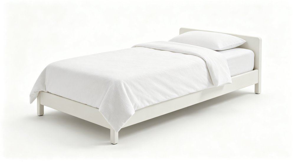 Side view of a made up aged care single bed dressed in clean white nursing home bedding on an adjustable frame, soft comfortable elderly care linen for residential care homes