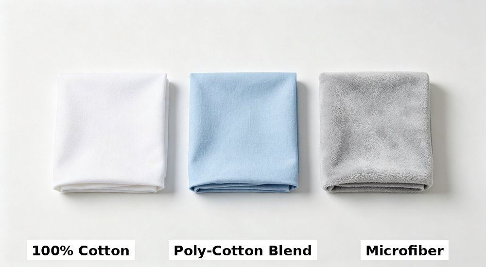 Side angle of three fabric swatches of nursing home bedding in white light blue and gray on a white background, comparing cotton poly cotton and microfiber for aged care facility linen, soft comfortable elderly care linen for residential care homes.