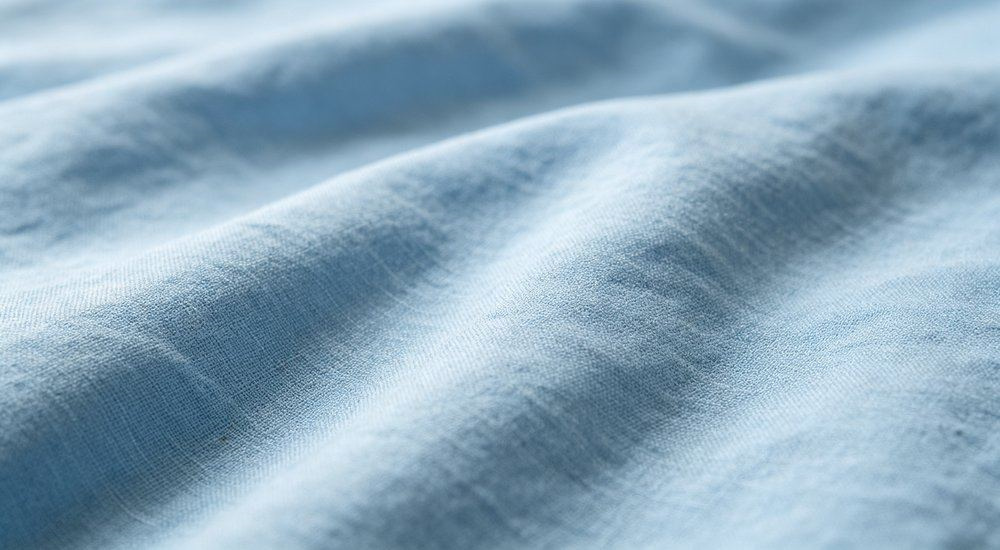 Side angle of close detail of light blue poly cotton nursing home bedding fabric weave, durable easy care aged care linen for daily commercial laundry in care facilities, durable easy care aged care linen for daily commercial laundry.
