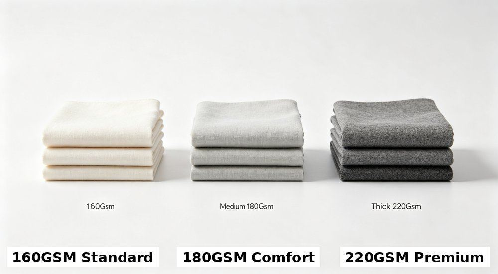 Overhead view of thickness comparison of three GSM weights of nursing home bedding in white showing 160 180 and 220 GSM fabric, aged care linen weight selection guide, weight selection guide for care facility linen buyers.