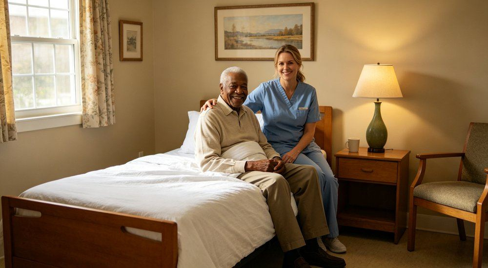 Overhead view of neat aged care resident room with a bed dressed in white 180 GSM nursing home bedding, standard weight soft comfortable linen for long term care residents, standard weight soft comfortable linen for long term care.