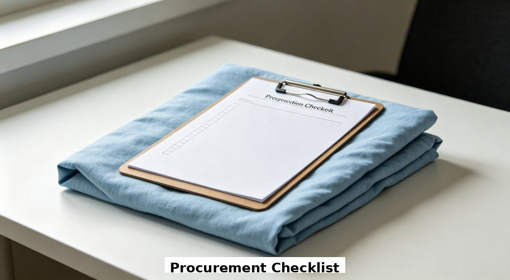 Wide-angle view of a light blue nursing home bedding procurement checklist and folded linen on a table, aged care linen buying guide and decision process for facility managers.