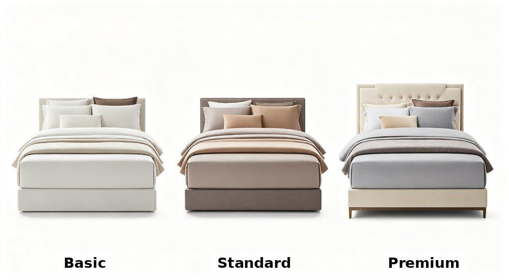 Wide-angle view of comparison of quality tiers of nursing home bedding in white light blue and beige on a white background, cost benefit and longevity analysis for aged care linen, cost benefit and longevity analysis for aged care linen.