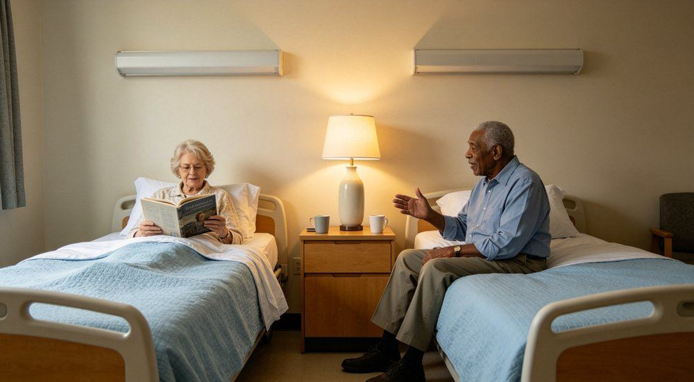 Close-up detail of shared aged care resident room with two tidy beds dressed in light blue nursing home bedding, comfortable durable linen for residential long term care facilities, comfortable durable linen for residential long term care.