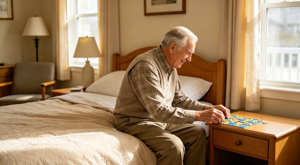 Close-up detail of calm memory care resident room dressed in soft beige nursing home bedding, gentle comfortable linen for elderly residents living with dementia, gentle comfortable linen for elderly residents living with dementia. Close-up detail of calm memory care resident room dressed in soft beige nursing home bedding, gentle comfortable linen for elderly residents living with dementia, gentle comfortable linen for elderly residents living with dementia.