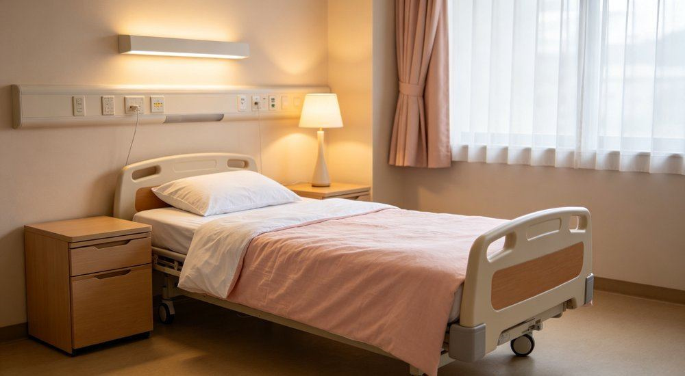 Close-up detail of peaceful hospice resident room dressed in soft pink toned nursing home bedding, gentle premium comfort linen for end of life care facilities, gentle premium comfort linen for end of life care.