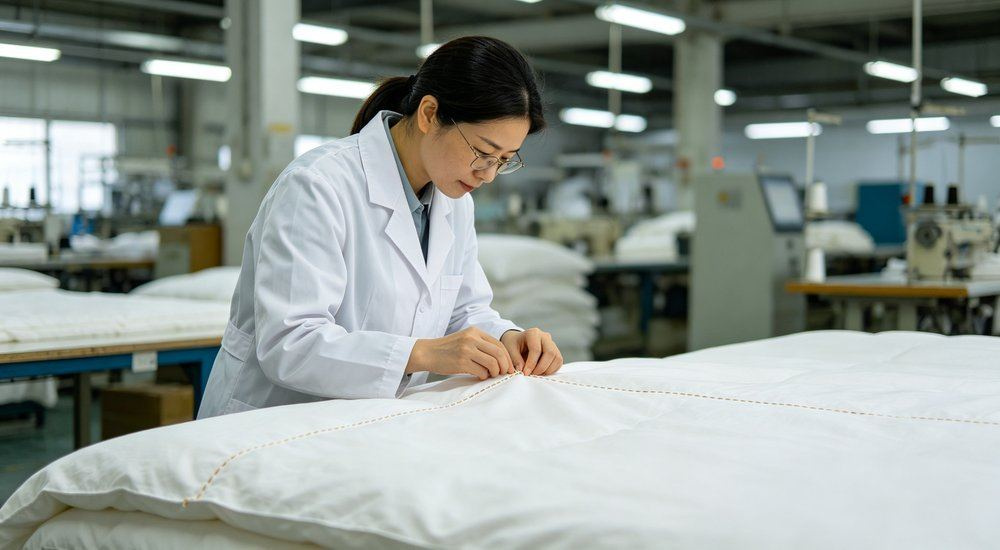 Macro view of quality control inspection of folded white nursing home bedding in a clean workshop, batch consistency and inspection for aged care facility linen orders, batch consistency and inspection for aged care facility linen.