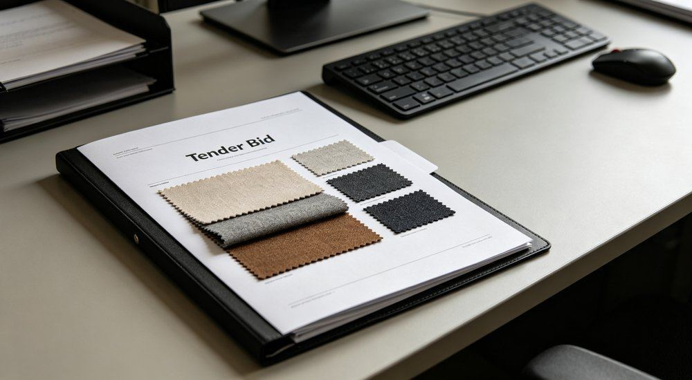Macro view of tender documentation and folded nursing home bedding samples laid on a table, bid support for aged care and healthcare facility linen procurement, bid support for aged care and healthcare facility linen.