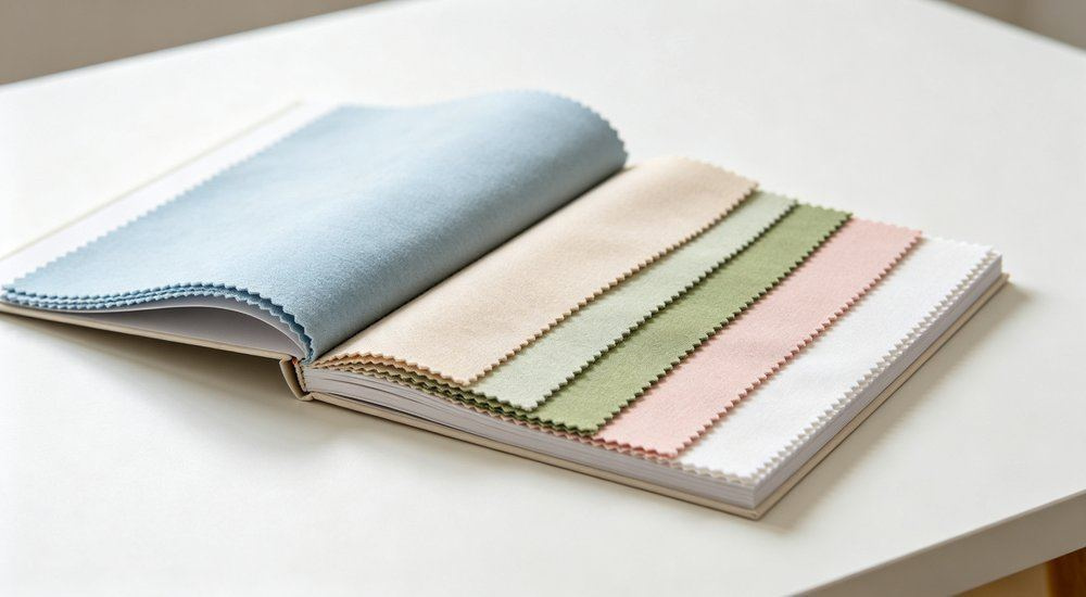 Macro view of range of calm nursing home bedding color swatches in white light blue beige and green on a white background, custom color matching for aged care facility linen, custom color matching for aged care facility linen orders.