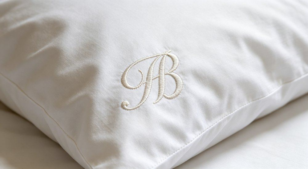 Top-down view of detail of embroidered home name on white nursing home bedding pillowcase, custom branding and identity for aged care facility linen orders, custom branding and identity for aged care facility linen. Top-down view of detail of embroidered home name on white nursing home bedding pillowcase, custom branding and identity for aged care facility linen orders, custom branding and identity for aged care facility linen.