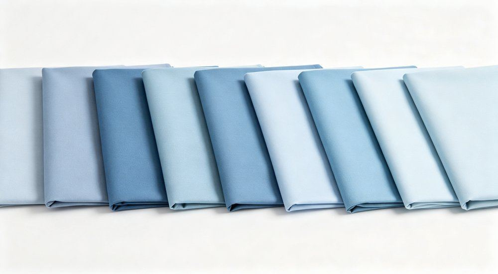Top-down view of consistent light blue nursing home bedding sets folded in matching piles on a white background, multi batch color consistency for aged care linen reorders, multi batch color consistency for aged care linen reorders.