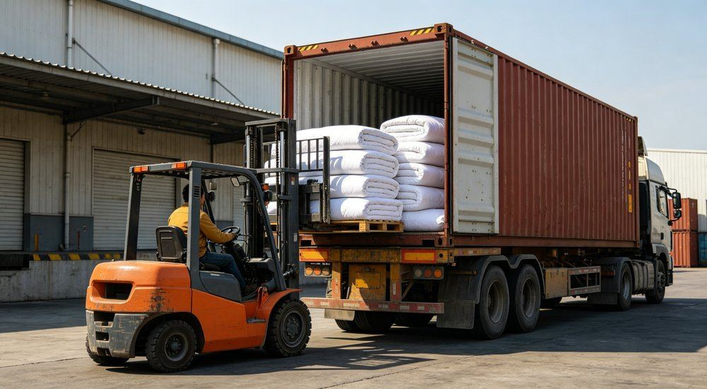 Eye-level view of container loading of cartoned nursing home bedding bound for aged care facilities, bulk shipping and logistics for care home linen supply, bulk shipping and logistics for care home linen supply.