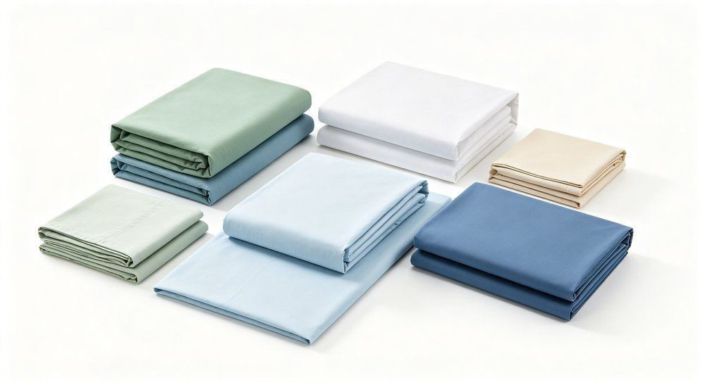 45-degree angle of clean white background product family of nursing home bedding sets in white light blue beige and green, wholesale aged care facility linen final showcase, wholesale aged care facility linen final showcase.