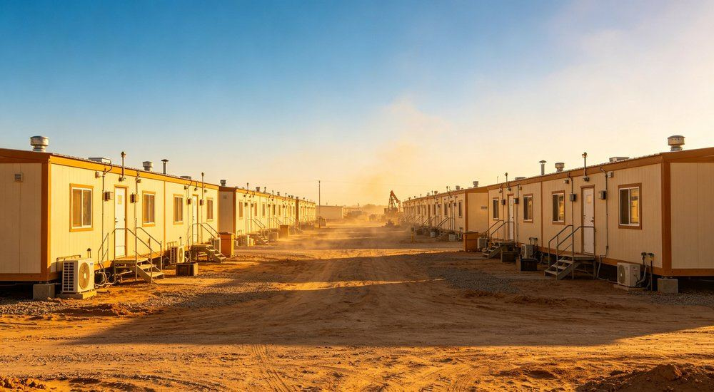 Front view of durable workforce camp bedding arranged in a remote oil field dormitory at golden hour, navy and dark gray linens on steel bunk beds, construction camp bedding wholesale for mining and oilfield workforce housing, durable construction camp bedding