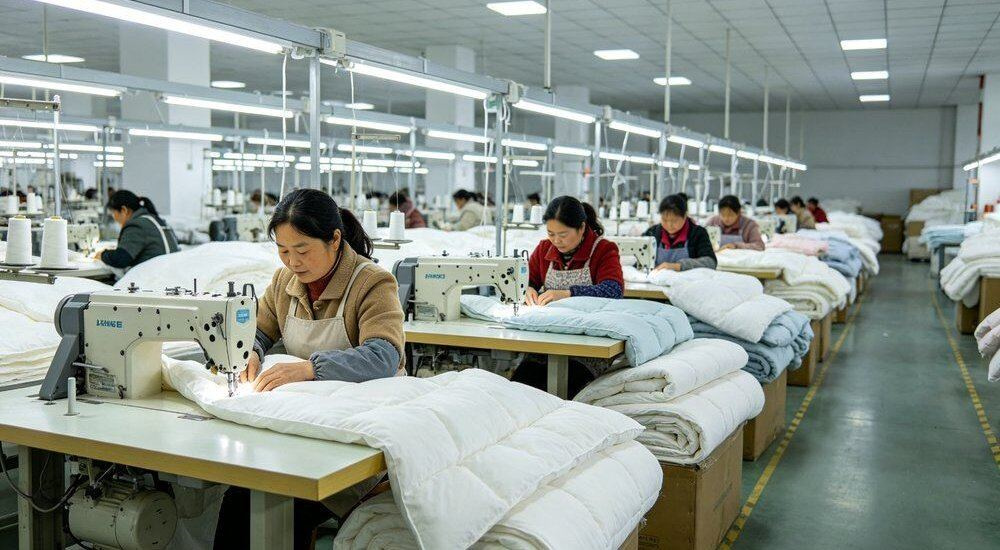 Close-up of chinese workers producing bulk workforce camp bedding in a clean textile factory, rows of cutting and sewing machines making durable polycotton linen for remote camp housing, manufacturer direct for workforce camp bedding wholesale from China.