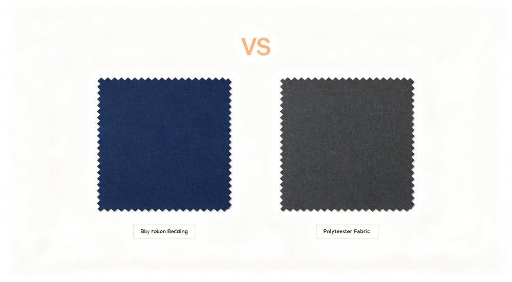 Front angle of poly cotton workforce camp bedding fabric comparison swatches in white, durable stain resistant weave for remote camp and mining dormitory linen for heavy duty camp linen wholesale from a China manufacturer.