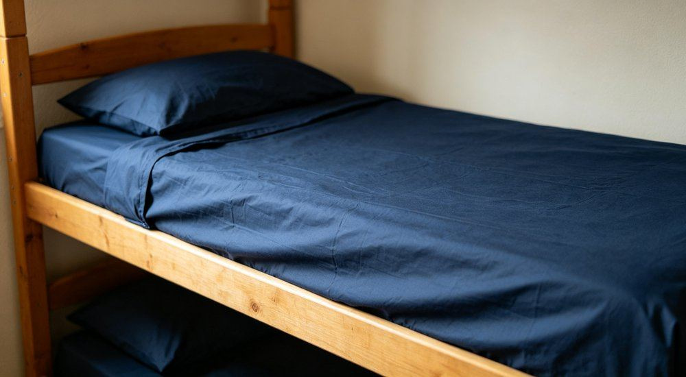 45-degree angle of navy fitted sheet on a steel bunk bed in a workforce camp dormitory, deep pocket elasticated sheet built for rough bunk use, construction camp bedding detail for workforce camp bedding wholesale from China.