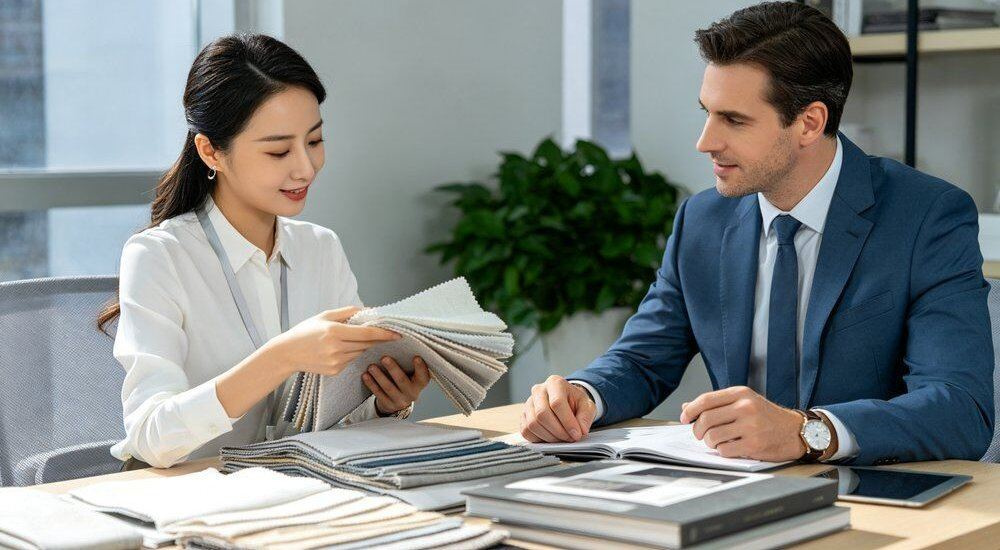 Front view of procurement buyer reviewing workforce camp bedding samples at an office desk with navy fabric swatches, construction camp bedding wholesale sourcing scene for heavy duty camp linen wholesale from a China manufacturer.