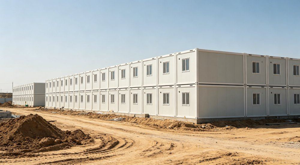 Top-down view of construction prefabricated camp building exterior with navy workforce camp bedding visible through dormitory windows, remote workforce housing site at clear daytime, durable construction camp linen wholesale outside architectural view from ground level