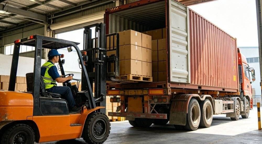 Front angle of bulk workforce camp bedding cartons loaded into a shipping container on a truck at a warehouse, construction camp linen wholesale export logistics and loading scene for workforce camp bedding wholesale from China durable construction camp bedding.