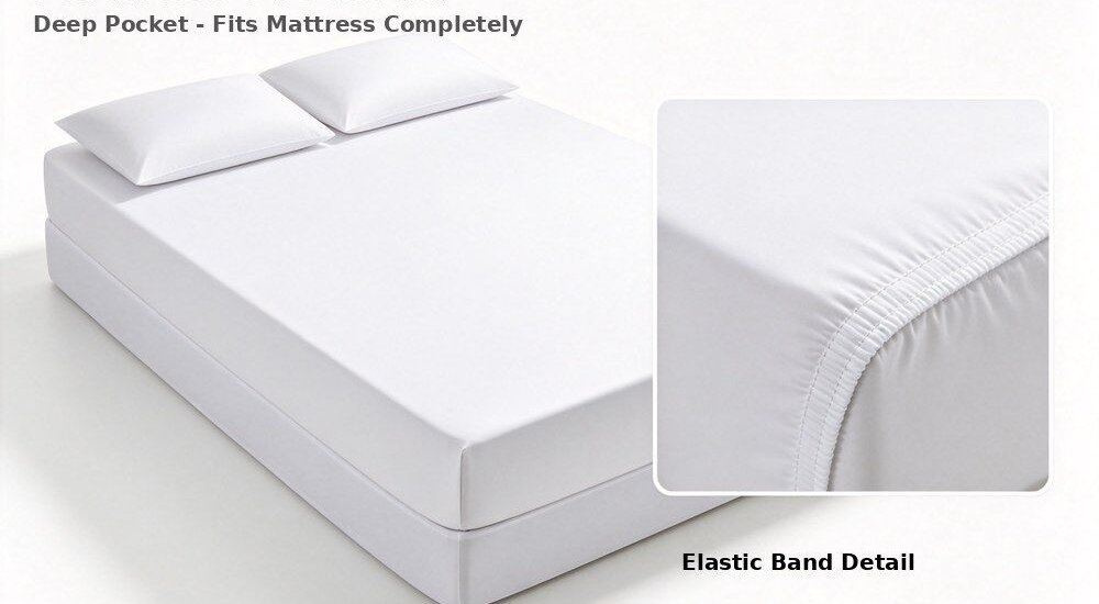 Aerial view of waterproof mattress protector for workforce camp bedding displayed on a clean white background, hygienic barrier for remote dormitory and bunk bed linens in construction camps for workforce camp bedding wholesale from China.
