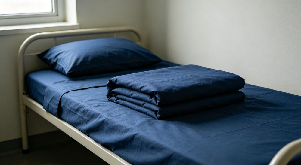 Side angle of clean navy workforce camp bedding made on a bunk bed ready for shift rotation, tidy turnover in a remote construction camp dormitory for construction camp bedding buyers sourcing durable linen.