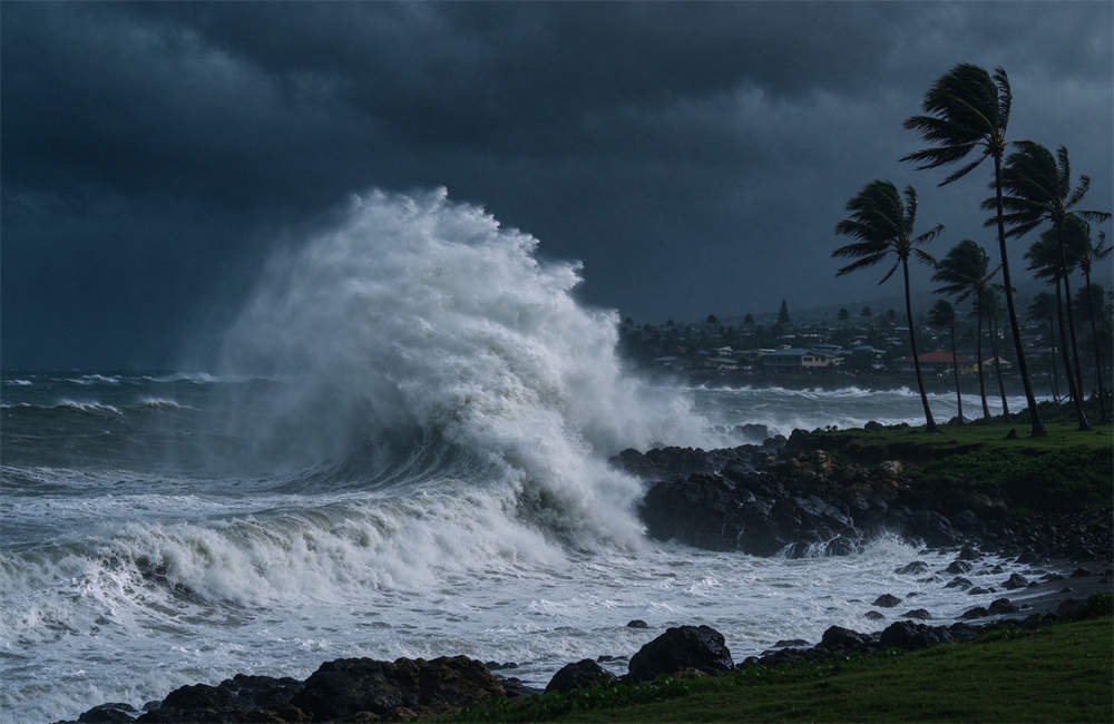 Dramatic tsunami storm scene: huge waves crashing against coastal rocks, dark stormy sky, strong wind blowing palm trees sideways, coastal emergency kit preparation. Dramatic tsunami storm scene: huge waves crashing against coastal rocks, dark stormy sky, strong wind blowing palm trees sideways, coastal emergency kit preparation.