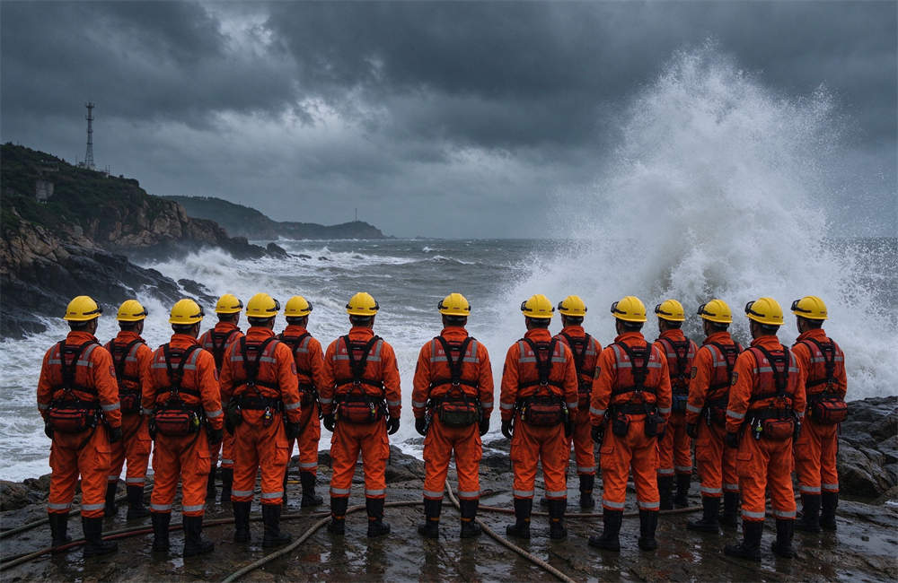 Group of rescue workers in orange uniforms and yellow hard hats standing on a stormy coast, monitoring rough waves, coastal disaster relief supplies team. Group of rescue workers in orange uniforms and yellow hard hats standing on a stormy coast, monitoring rough waves, coastal disaster relief supplies team.