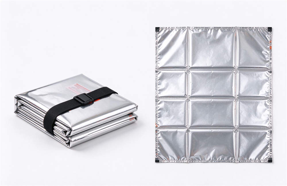 Aluminum emergency rescue blanket folded and unfolded, product photography, aluminum rescue blanket bulk for cold water immersion. Aluminum emergency rescue blanket folded and unfolded, product photography, aluminum rescue blanket bulk for cold water immersion.