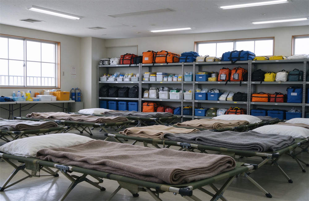 Bright clean tsunami evacuation shelter interior: rows of folding cots with wool blankets, emergency supplies on shelves, evacuation shelter ready. Bright clean tsunami evacuation shelter interior: rows of folding cots with wool blankets, emergency supplies on shelves, evacuation shelter ready.