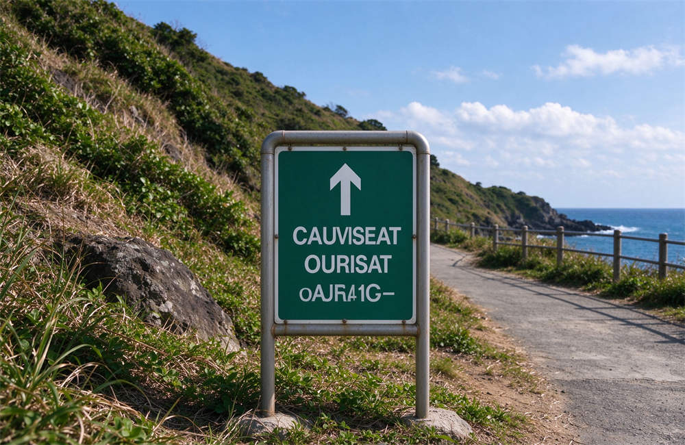 Evacuation route sign on a coastal path, pointing uphill to higher ground, beach safety supplies and evacuation route guidance. Evacuation route sign on a coastal path, pointing uphill to higher ground, beach safety supplies and evacuation route guidance.