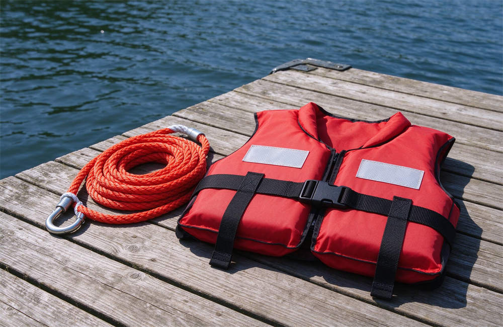 Life jacket and throw rope on a wooden dock, essential water rescue equipment, beach evacuation gear kit components. Life jacket and throw rope on a wooden dock, essential water rescue equipment, beach evacuation gear kit components.