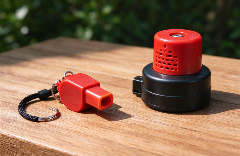 Emergency whistle and signal device on a wooden table, close-up, bright natural light, emergency whistle bulk for evacuation kit. Emergency whistle and signal device on a wooden table, close-up, bright natural light, emergency whistle bulk for evacuation kit.