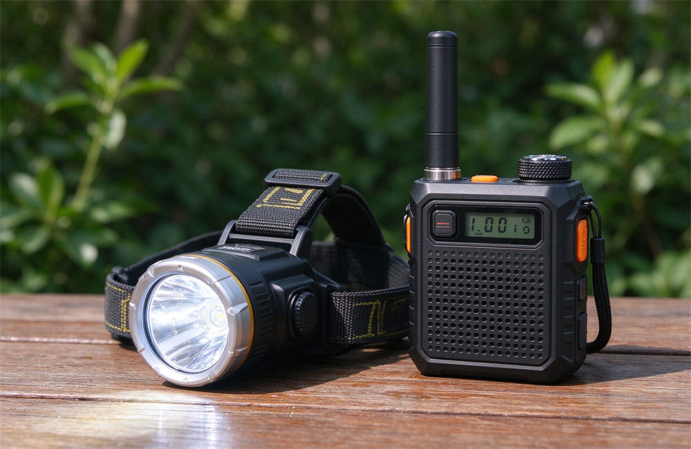 Waterproof LED headlamp and emergency radio on a wooden table, product photography, emergency radio set for power outages. Waterproof LED headlamp and emergency radio on a wooden table, product photography, emergency radio set for power outages.