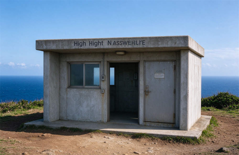 High ground evacuation shelter on a hilltop with ocean view, concrete structure, safe from tsunami waves, evacuation shelter location. High ground evacuation shelter on a hilltop with ocean view, concrete structure, safe from tsunami waves, evacuation shelter location.