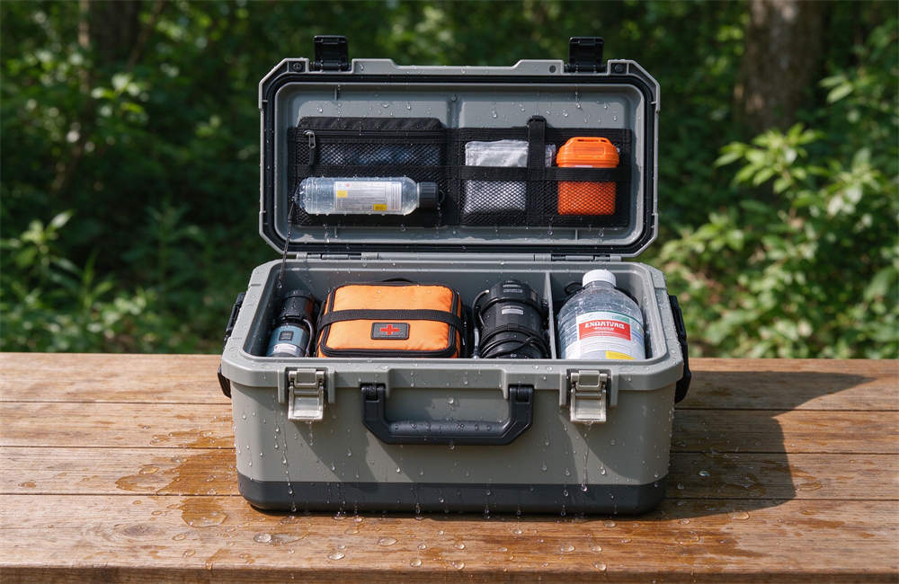 Waterproof storage box with emergency supplies inside, open on a wooden table, waterproof storage box bulk for coastal emergency kit. Waterproof storage box with emergency supplies inside, open on a wooden table, waterproof storage box bulk for coastal emergency kit.