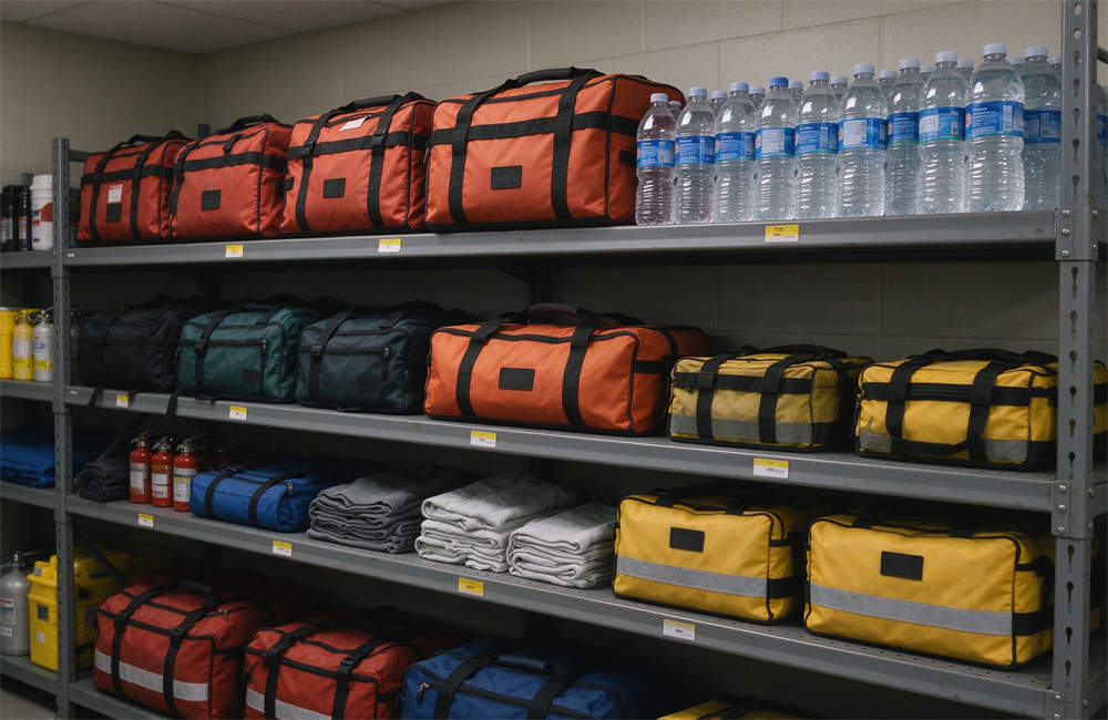 Emergency supplies shelf in a community center, neatly arranged, coastal disaster relief supplies ready for distribution. Emergency supplies shelf in a community center, neatly arranged, coastal disaster relief supplies ready for distribution.